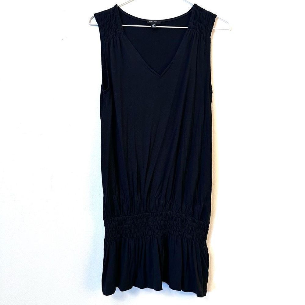 Nine West V Neck Smocked Waist Rayon Blend Sleeveless Peplum Top Black XS